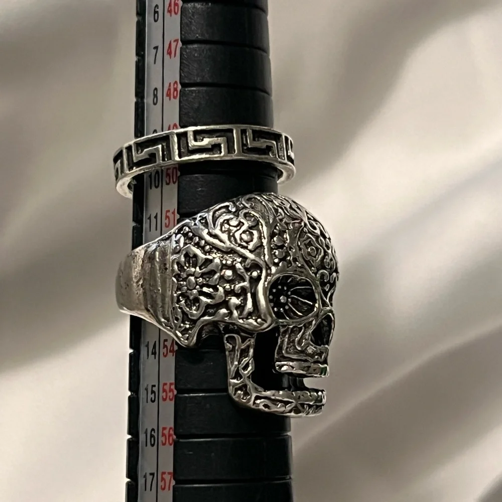 Silver Skull Ring with Geometric Band